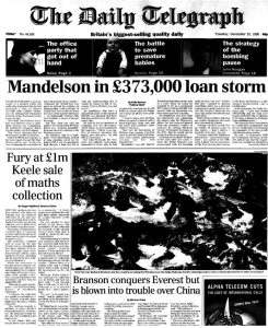 Front page of the Daily Telegraph from December 22nd 1996 with article entitled "Fury at £1m Keele sale of maths collection"