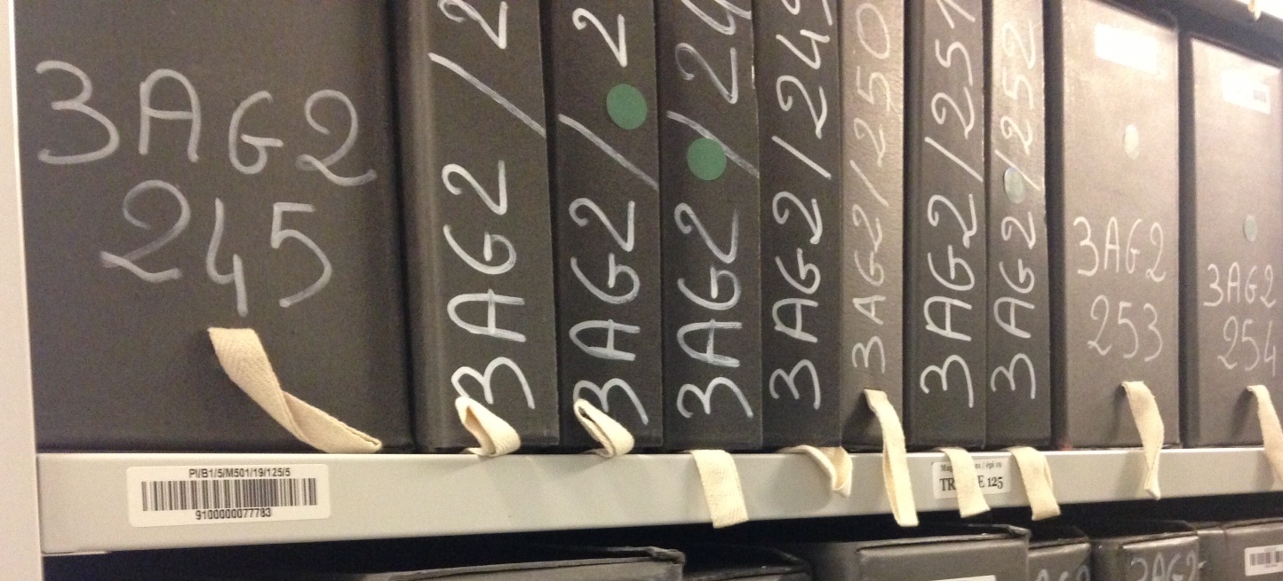 Folders on a shelf, with archival references written on their spines