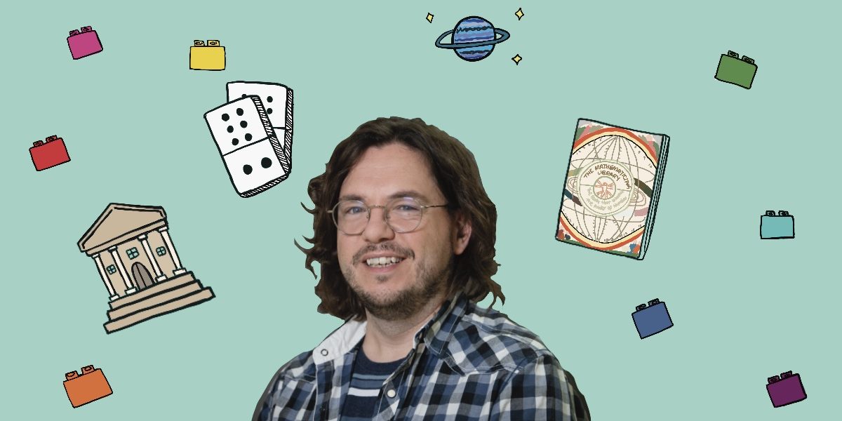 Picture of Tom Briggs on a light green background alongside associated doodles (museum, cover of "The Mathematicians Library", dominoes, planet with stars)