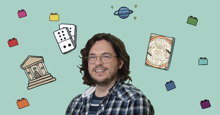Picture of Tom Briggs on a light green background alongside associated doodles (museum, cover of "The Mathematicians Library", dominoes, planet with stars)