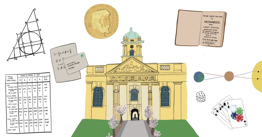 A doodle of various items related to BSHM RiP 2026 meeting including Queens' College Oxford, a dissected triangle, a table of numerical values, an open book, the Fields Medal and playing cards with poker chips on top.