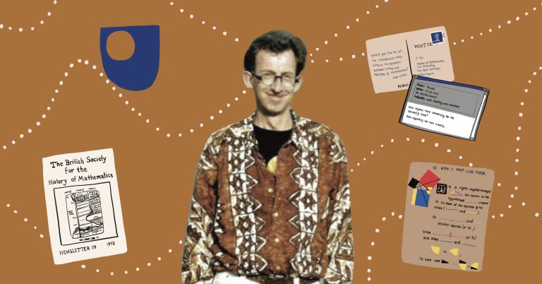 Photograph of John Fauvel with various doodles relating to his life including The Open University logo and a page of Byrne's Euclid Elements.