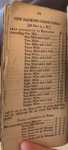 A page in William Butler’s 1810 “Arithmetical tables designed for the use of Young Ladies” showing the price of fares on the Hackney Coach.