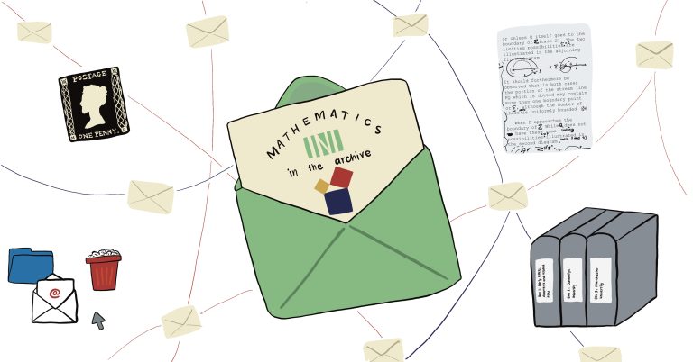 Doodle with various items related to the INI-BSHM Archive event, including a letter, a penny post stamp and a manuscript with pen annotations.