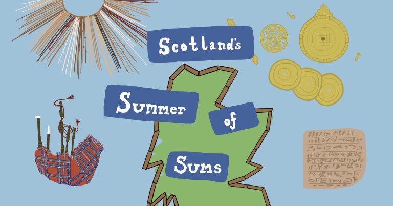 A series of doodles relating to conferences hosted in Edinburgh in July, including a bagpipe, a quipu, a stone tablet, an astrolabe and an outline of Scotland with rulers around the coastline.