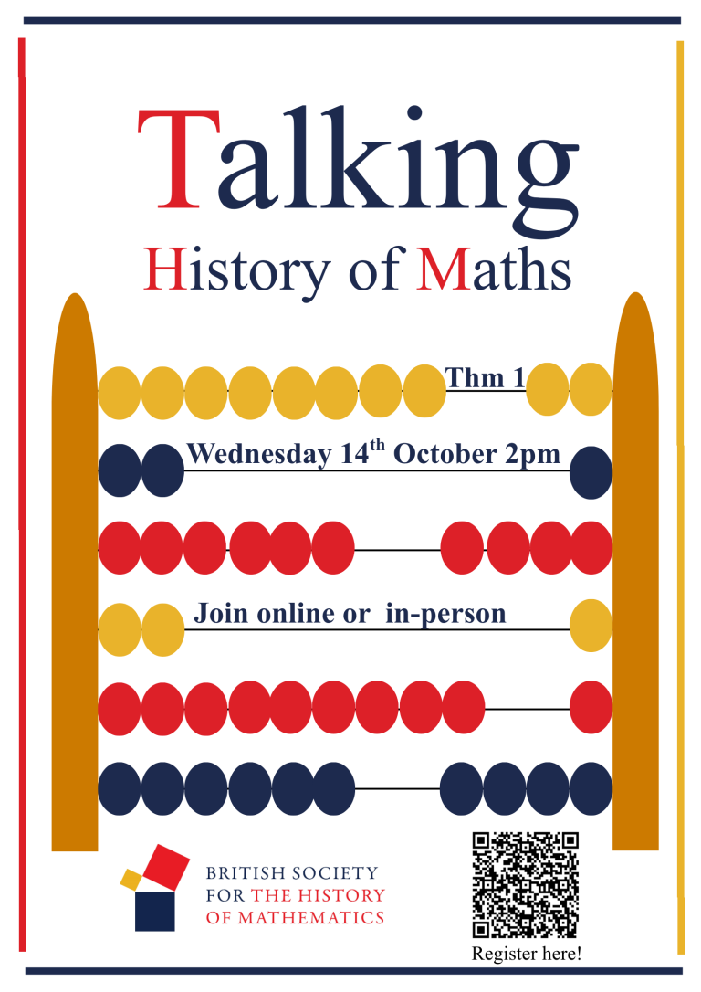 Event poster for the Talking History of Maths series, featuring an abacus with yellow, red and blue beads. The BSHM logo and a QR code also appear at the bottom..